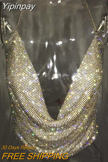 Yipinpay Halter Handmade Shiny Rhinestones Crop Top Backless Summer Beach Chic Party Bralette Cropped Sexy Women Tank Top